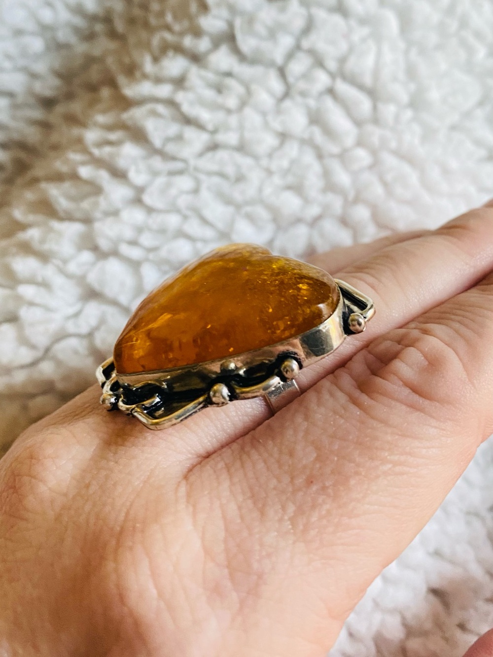 New Ladies Sterling Silver 925 Ring Amber Large Size 9 Gemstone Jewelry Heart - Picture 2 of 9